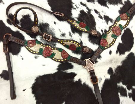 Showman Gold snake print inlay with painted rose accent one ear headstall and breast collar set #2